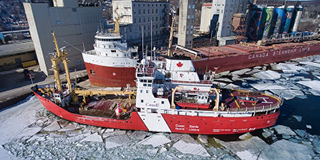 CCGS Griffon carrying out icebreaking duties in the Port of Midland, Ontario (March 2018).